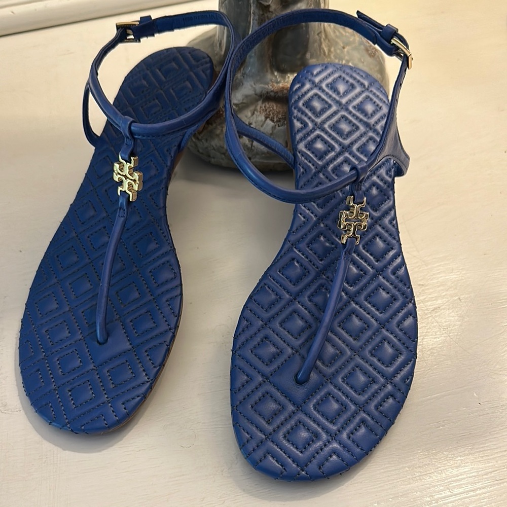 Tory Burch Quilted Marion Sandals Royal Blue 5.5 Med worn 2x
